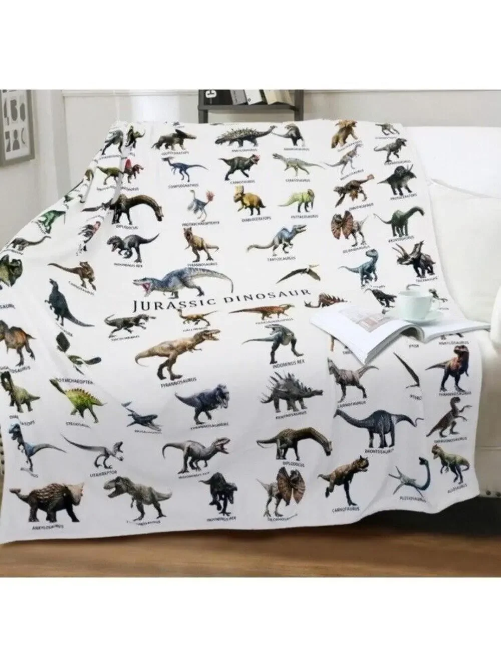 Jurassic Dinosaur Blanket Labeled for Learning Boys Kids Cover, White 50x60, New
